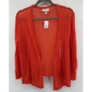 LOFT Cardigan Womens Petite LP Orange Cotton Pointelle Open Front Sweater NEW